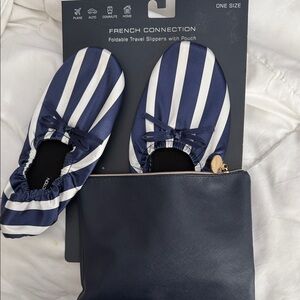 French Connection Navy and White Striped Slippers with Pouch